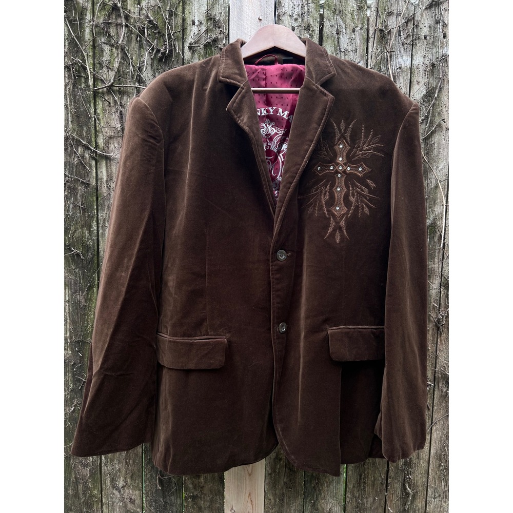 VTG FRANKY MAX Brown Embroidered Studded Grunge Western VelourY2k Bling Blazer L